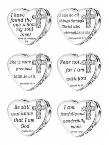 Mặt dây chuyền hình thánh giá trái tim Cơ đốc giáo | Hạt cườm mạ bạc khắc câu Kinh Thánh | Mặt dây chuyền trang sức tôn giáo tự làm cho vòng tay, vòng cổ, quà tặng đức tin - Bạc - Xem 1