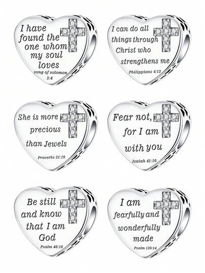 Mặt dây chuyền hình thánh giá trái tim Cơ đốc giáo | Hạt cườm mạ bạc khắc câu Kinh Thánh | Mặt dây chuyền trang sức tôn giáo tự làm cho vòng tay, vòng cổ, quà tặng đức tin