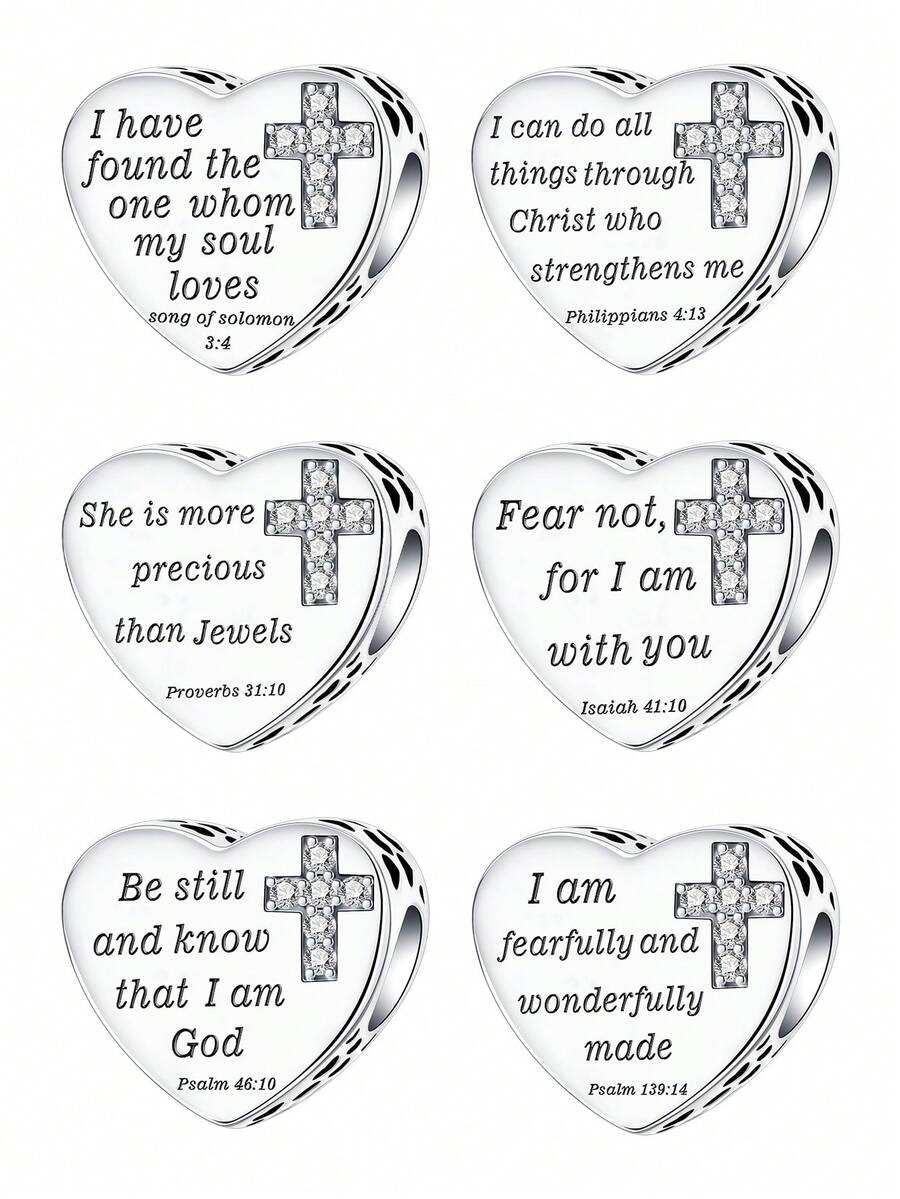 Mặt dây chuyền hình thánh giá trái tim Cơ đốc giáo | Hạt cườm mạ bạc khắc câu Kinh Thánh | Mặt dây chuyền trang sức tôn giáo tự làm cho vòng tay, vòng cổ, quà tặng đức tin - Bạc - Xem 1