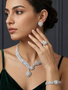 Bộ trang sức nữ thanh lịch, đính đá Cubic Zirconia, họa tiết giọt nước màu xanh dương, phù hợp với trang phục dạ hội, duyên dáng, sang trọng và quyến rũ. - Bạc - Xem 5