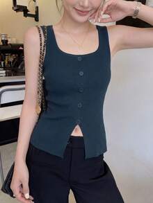 夏季优雅女士针织背心，青春性感圆领无袖纽扣前开衩下摆藏蓝色纹理罗纹2026轻盈成熟风格度假海滩音乐节派对装扮女装嘉年华婚礼季简约设计上衣 - 深藍色 - 查看 3