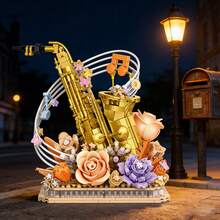 High-Quality Saxophone Building Blocks, Handmade DIY Assembly Model, Vintage Artistic Home Decor, Adult Puzzle Building Blocks Saxophone Instrument Flower Bouquet, Delicate Collectible Desktop Art Piece - Multicolor - View 3
