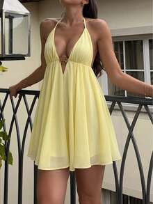 Unadoll 女士春夏性感低胸露背系带金属装饰迷你连衣裙，适合度假、海滩、约会、派对、花园、生日、婚礼宾客等场合，优雅大方。 - 黃色 - 查看 9