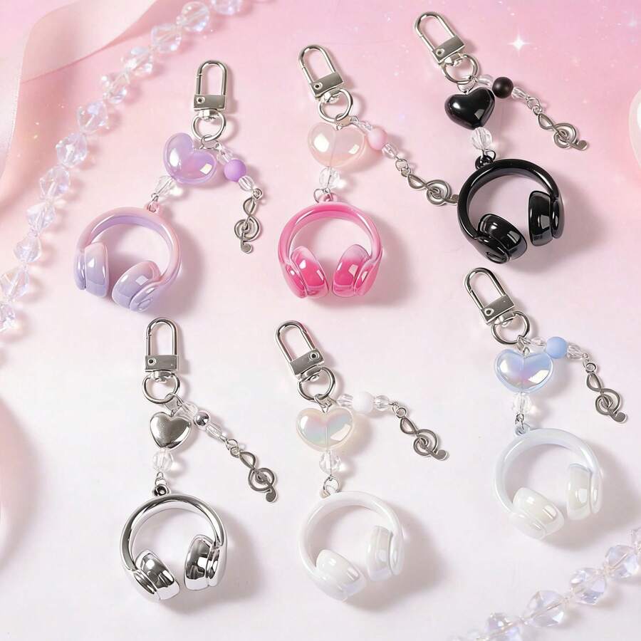 1/2/6pcs Y2K Style Mini Earphone Bag Charm, Cute Heart Beaded Musical Note Keychain, Resin Key Ring, Suitable For Backpack, Car Keys. Halloween, Christmas Gift.