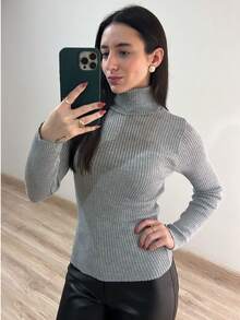 Women's Ribbed Knit Blouse, High Neck, Long Sleeve, Elegant, Simple, Knitted Polyester, Home, Beach, Daily - Grey - View 3