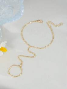 Dainty Minimalist Cubic Zirconia Finger Chain Bracelet For Women, Spark Inlaid Adjustable Hand Linked Ring Bracelet,  Fashion Thin Hand Jewelry For Daily Dating Party Gathering Gift - 金色 - 查看 6