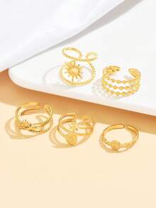 5pcs Vintage Elegant Star Ring Set, Hollow Pearl Chain Open Stainless Steel Rings, Waterproof Non-Fading Jewelry Gift For Women - Star - View 5