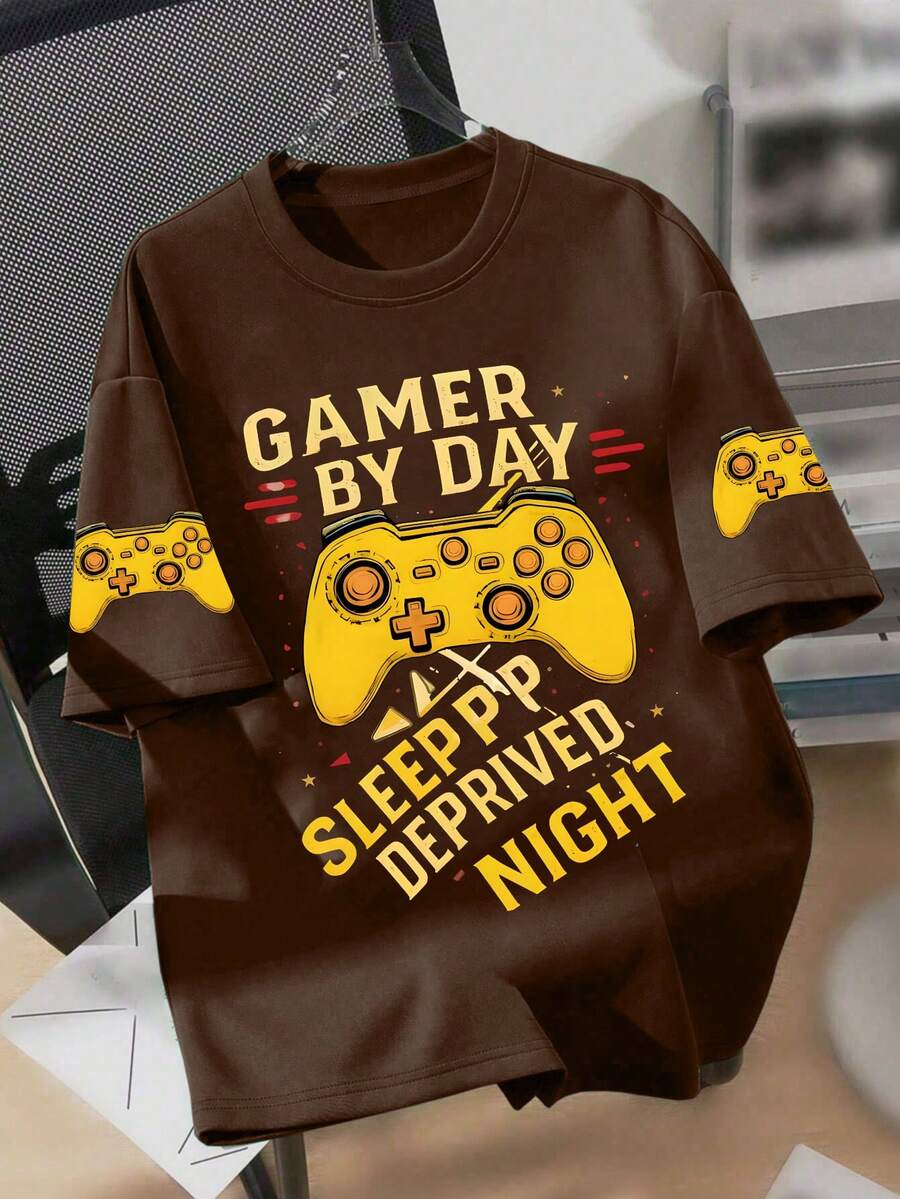 1pc Boys' Graphic T-Shirt - New Summer Style: Round Neck Short Sleeve T-Shirt With Fun English Letters And Cute Cartoon Patterns - Brown - View 1