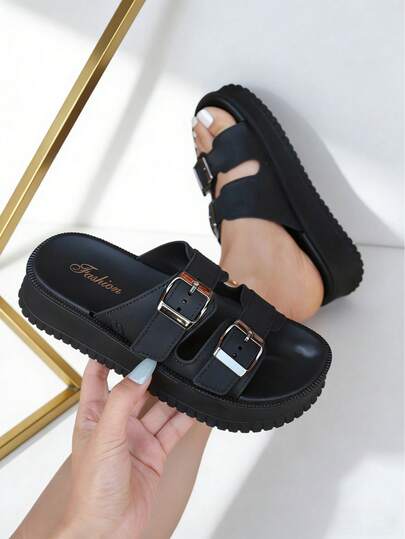 FZY Spring And Summer Women's Double-Strap Slide Sandals, Crafted From Soft, Wear-Resistant Fabric With Waterproof Performance, Featuring Bright Silver Metal Square Buckles With Adjustable Pin Closures To Fit Different Foot Shapes. Height-Increasing Slippers With A Highly Elastic Thick Platform Sole Design That Adds Height, Slims The Figure And Elongates Leg Lines. Casual Shoes With Serrated Anti-Slip Soles That Enhance Walking Safety, Fitting The Foot Shape For Comfortable, Breathable Wear, Beach Slide Sandals Suitable For Multiple Scenarios Including Daily Outings, Commuting To Work And Beach Vacations. Casual Outdoor Shoes That Pair Easily With Jeans,Boasting A Gentle Tone That Suits All Skin Tones And Multiple Styles, Outdoor Casual Shoes That Meet Women's Daily Wear And Comfort Needs. Combining Practicality And Appearance, Commute & Vacation Slide Sandals For Women Who Pursue Height Increase And Comfort, Casual Slide Sandals That Balance Appearance And Practicality In Easter Outfits.