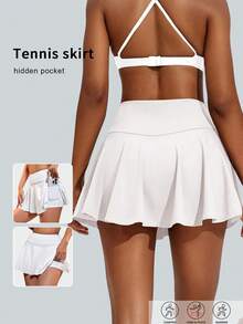 6pecil Rok Tenis Wanita Warna Polos dengan Saku, Rok Olahraga Kasual Serbaguna untuk Pemakaian Sehari-hari - Putih - View 1