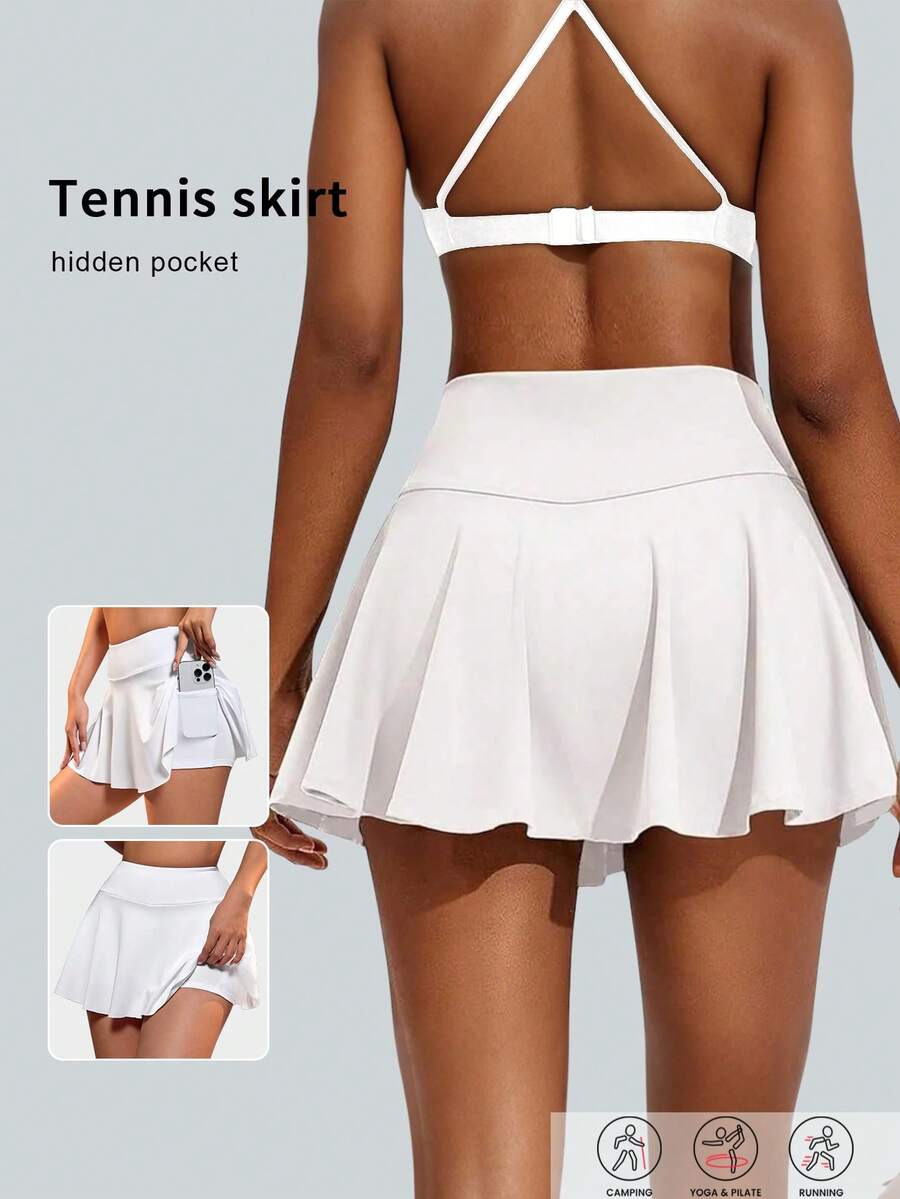 6pecil Rok Tenis Wanita Warna Polos dengan Saku, Rok Olahraga Kasual Serbaguna untuk Pemakaian Sehari-hari - Putih - View 1