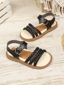 Giày sandal đế xuồng dệt màu đen mới cho bé gái mùa hè, khóa kim loại kiểu retro, chống trơn trượt. - màu đen - Xem 3