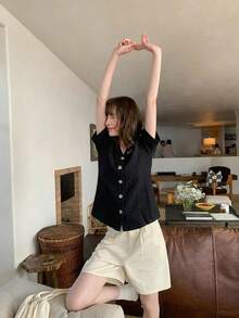 Black V-Neck Spring/Summer Short-Sleeved Loose-Fitting Front-Button Casual Women's Shirt - Black - View 5
