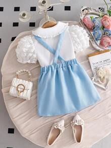 2pcs Young Girl Elegant Ruffle Sleeve Bow Top And Sky Blue Suspender Dress Set, Fashionable And Graceful - Light Wash - View 3