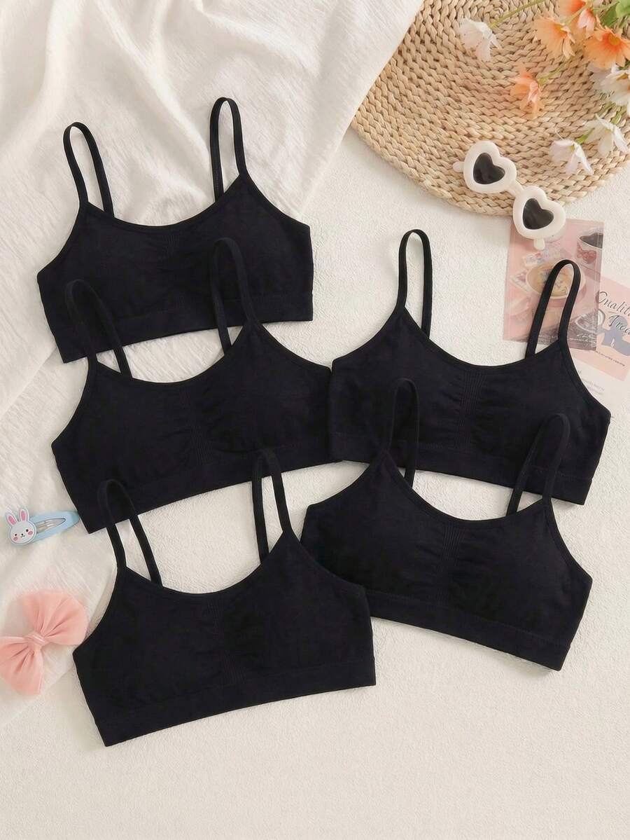 5pcs/Pack Bra Model Kamisol untuk Anak Perempuan Usia 8-12 Tahun, Tanpa Jahitan, Warna Polos, Bantalan yang Dapat Dilepas, Cocok untuk Olahraga & Pemakaian Sehari-hari - Hitam - View 1