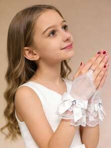 Găng tay cô dâu không tay, đính đá, ren trắng, nơ, kiểu dáng không tay. - Nhiều màu - Xem 2