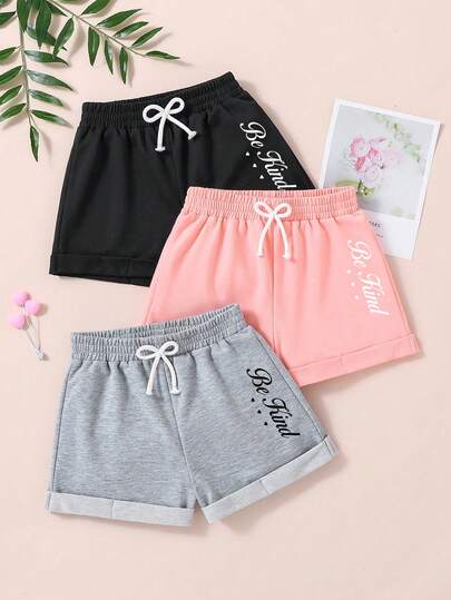 3pcs Toddler Casual Set, Letter Print, Bow Waist Shorts