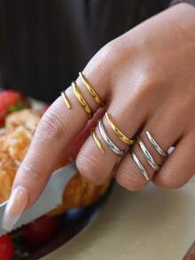Bộ 3 chiếc nhẫn hình gai hai tông màu mạ vàng 18K, làm từ thép không gỉ 304, có thể điều chỉnh kích thước, trang sức hình học không gây dị ứng, phù hợp với phong cách Y2K, thời trang đường phố và đeo hàng ngày. - Nhiều màu - Xem 6