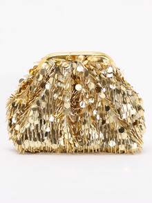 Amorya Women's Shiny Gold Sequin Clutch Bag, Tassel Decorated Evening Bag, Mini Chain Shoulder Bag Suitable For Wedding, Party, Gala - Gold - View 10