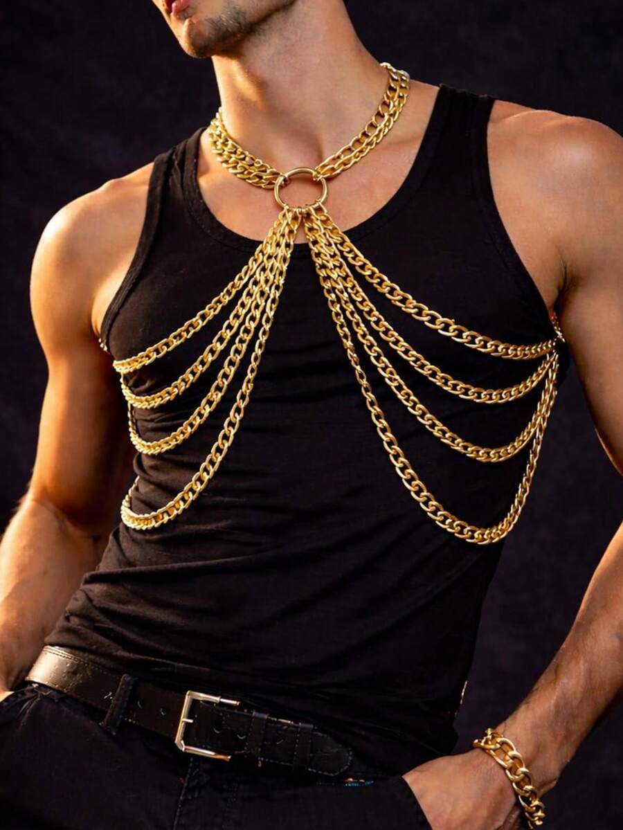 1 Peça Acessório de Corrente Dourada Sexy Estilo Punk Europeu e Americano para Homens, Corrente de Borla de Metal, Adequado para Baile de Máscaras ou Festa com Tema - Dourado - Visão 1