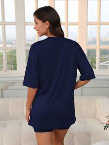 New Arrival Loose Solid Color Casual Short Sleeve Shorts Women Pajama Set, 2pcs - Navy Blue - View 2