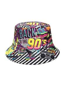 1 chiếc mũ xô hai mặt kiểu retro thập niên 80, in chữ và họa tiết ngẫu nhiên, thích hợp cho mùa xuân/hè, đi biển, du lịch. - A - Xem 16