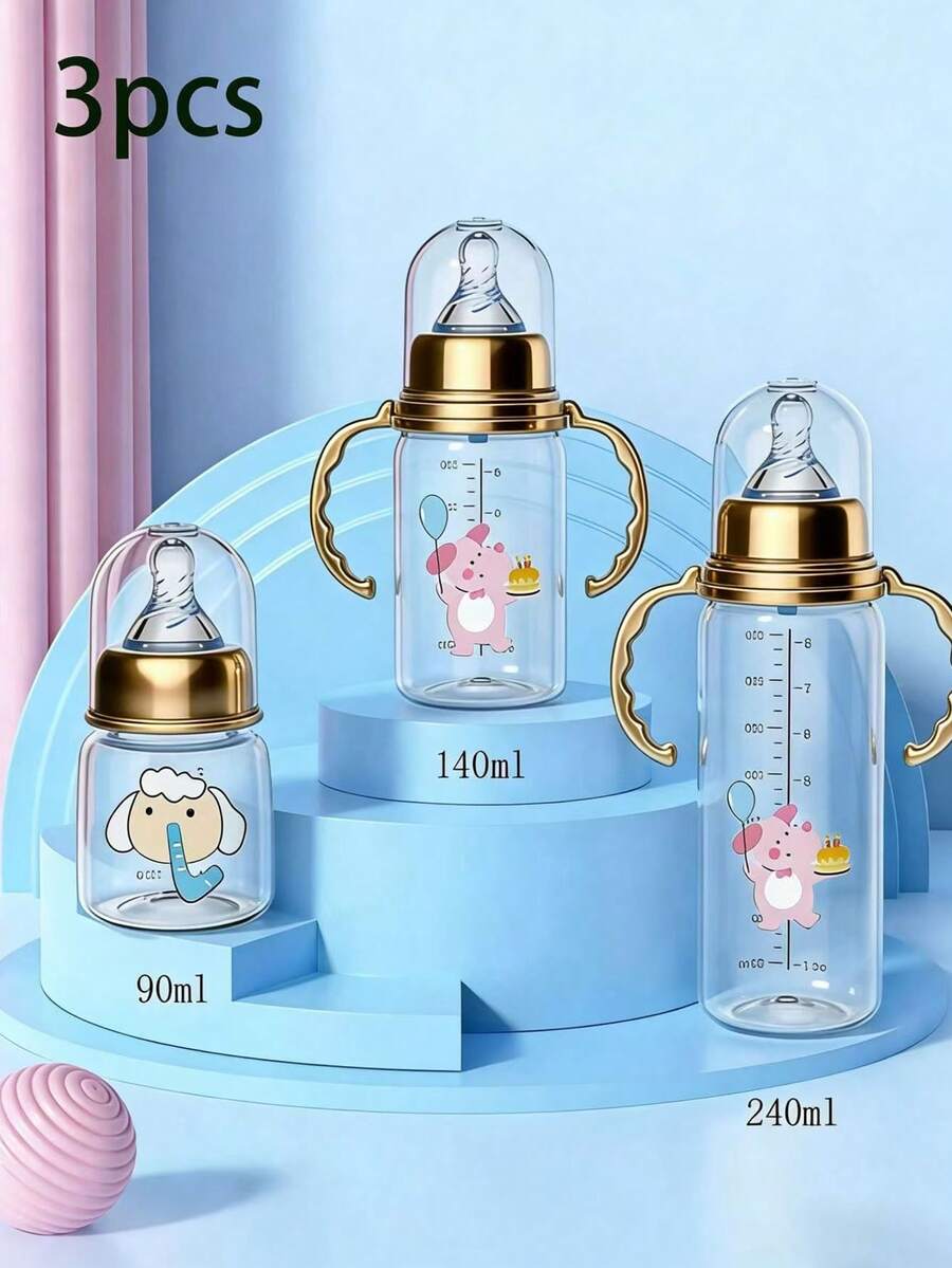 Bộ 3/2 bình sữa trẻ em bằng nhựa polypropylene bền chắc, chống rò rỉ, chống sặc, với thiết kế họa tiết động vật màu hồng và xanh dương trang nhã. - Nhiều màu - Xem 1