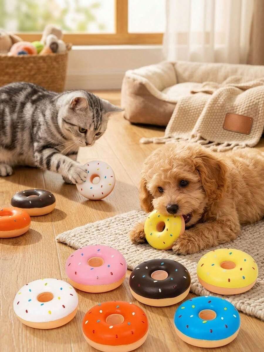 Đồ chơi cho thú cưng hình bánh donut bằng cao su có tiếng kêu, đồ chơi gặm cho thú cưng có âm thanh, màu sắc tươi sáng thu hút sự chú ý của thú cưng, kích thích hứng thú chơi đùa của thú cưng, phù hợp cho mèo và chó nhỏ/trung bình, lý tưởng cho chó con đang mọc răng, kết hợp chơi đùa và chăm sóc răng miệng.