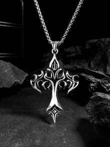 Crucifix Necklace, Flame Cross, Punk Gothic Christian, Alternative Rock, Stainless Steel - 銀色 - 查看 7