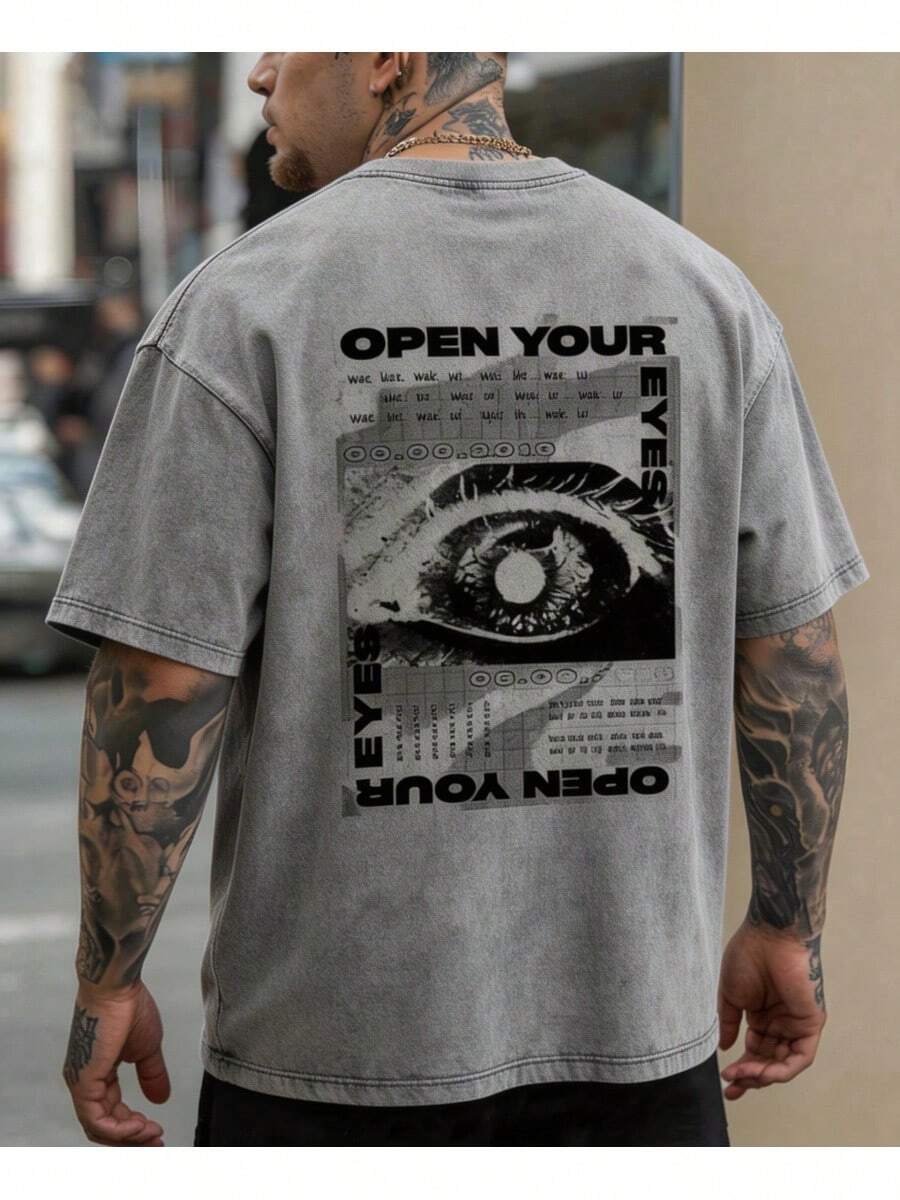 Abstract Eye Pattern Dream Scene Printed Heavy Wash Cotton Tshirt 230g Weight Oversized Fit Big And Tall Men Women Comfortable Street Style Basic Tee - 深灰色 - 查看 1