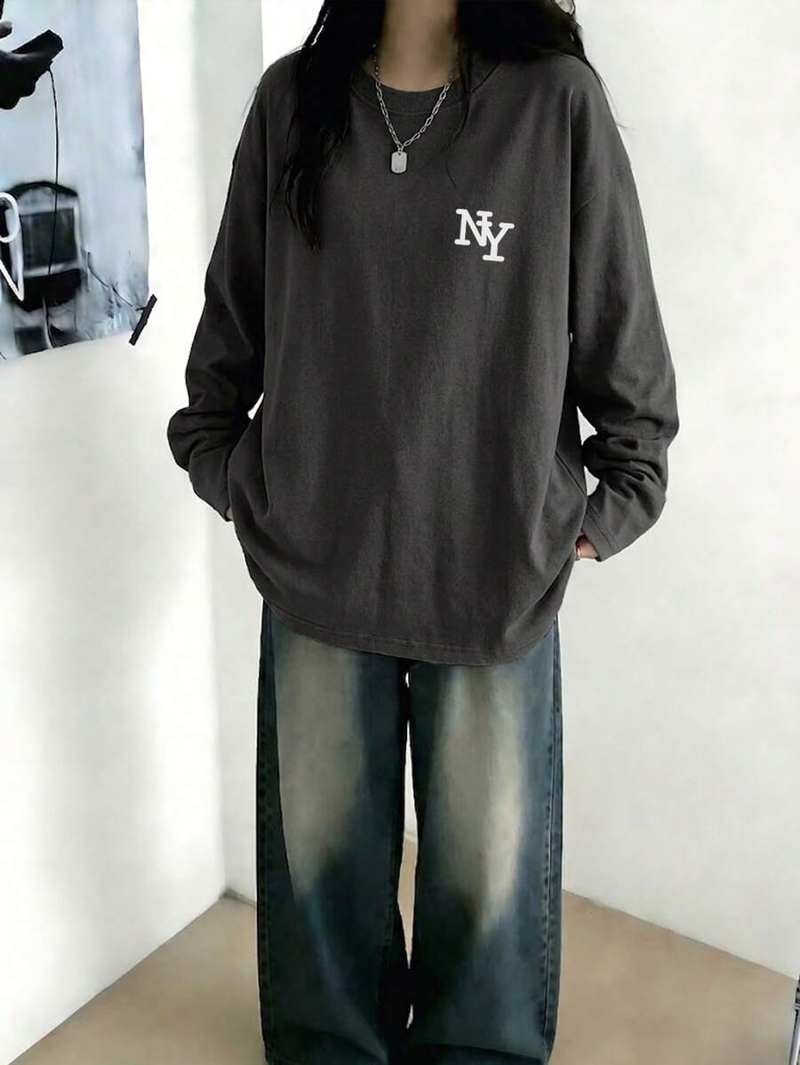 Áo thun nữ cổ tròn tay dài in chữ chất liệu cotton thoải mái, dáng rộng, thời trang & đa năng, mùa xuân/thu - Màu xám đen - Xem 1