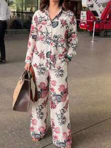 2pcs Vintage Print Set, Comfortable & Versatile, With Lapel Wide-Leg Pants; Suitable For Airport, Island Vacation Or Daily Shopping Spring - Pink - View 2