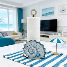 1 pieza Caja de pañuelos de madera con tema náutico, diseño de velero y concha, decoración de estilo mediterráneo para el hogar costero, estantería independiente para almacenamiento de papel de tissue, decoración de escritorio con tema oceánico - Multicolor - Ver 4