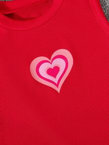 Set de 2 vestidos casuales sin mangas con estampado de corazón y costillas para niñas, para uso al aire libre - Rojo - Ver 5