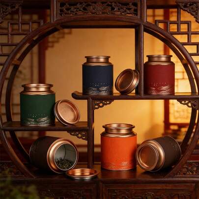6pcs 125g Metal Tea Canisters, Round Airtight Seal Cans For Pu-Erh, Chrysanthemum, Golden Eyebrow Tea, Gift Packaging Cans, Food Storage Containers, Suitable For Daily Storage And Gift Giving