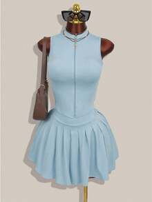 Váy hai mảnh màu xanh dương ôm sát dành cho nữ, cổ tròn, thích hợp mặc hàng ngày, đi nghỉ mát, váy mùa hè. - Màu xanh nhạt - Xem 1