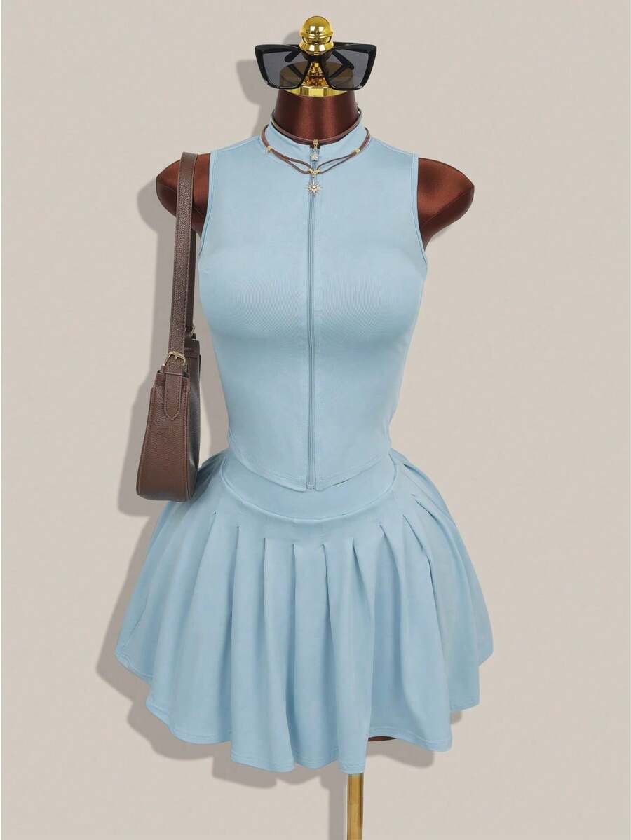 Váy hai mảnh màu xanh dương ôm sát dành cho nữ, cổ tròn, thích hợp mặc hàng ngày, đi nghỉ mát, váy mùa hè. - Màu xanh nhạt - Xem 1