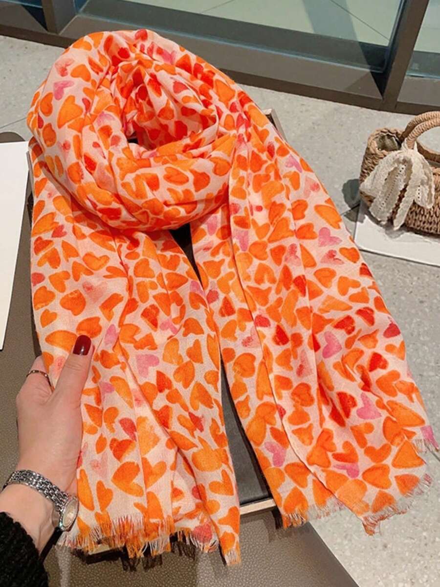 1条新款甜美心形流苏围巾,轻盈透气,适合春夏户外、海滩、空调房等场合,可作披肩或假日佩戴 - 橘色 - 查看 1