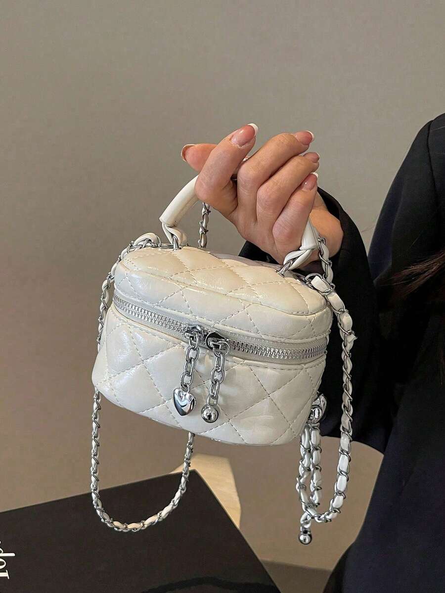 New Fashion Classic Multifunctional Waterproof PU Material, Diamond Quilted Pattern Handbag, Lightweight And Easy To Carry, Zipper Closure Design, Heart-Shaped Zipper Decor Crossbody Round Box Bag, Coin Purse, Suitable For Shopping, Travel, Commuting - White - View 1