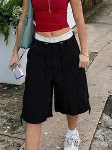 Bermuda Cargo Shorts For Women Casual Elastic Drawstring Knee Length Shorts Casual Loose SweatShorts Multi Pocket Relaxed Fit - 黑色 - 查看 4