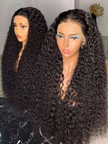 30-34英寸深波浪13x6蕾丝前真人发假发，180密度5x5无胶假发，巴西水波纹13x4蕾丝前假发 - Natural Black - 查看 3