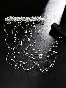 1pc Delicate White Faux Pearl Beaded Tassel Hair Chain Headpiece, Handmade Bridal Wedding Party Festival Spring Photoshoot Fairy Hair Accessory, Suitable For Dancing, Bride To Be, Hair Accessories For Women - White - View 7