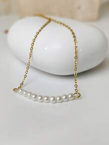 1件精致金色不锈钢迷你珍珠微笑条形项链，简约珍珠吊坠项链，适合女性日常办公婚礼佩戴 - 珍珠項鍊 - 查看 8