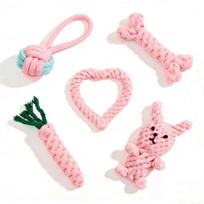 粉色宠物绳编玩具套装，手工编织骨头胡萝卜兔子造型狗狗磨牙玩具，耐用耐咬拔河玩具，适合猫咪和小型犬，可爱宠物用品。有助于清洁牙齿，维护口腔健康，适合小型、中型和大型犬，室内/室外玩耍——是幼犬磨牙的理想玩具，宠物用品，经久耐用，宠物主人必备，狗狗磨牙玩具兔子，猫咪玩具鸭子，猫咪磨牙玩具，狗狗磨牙玩具