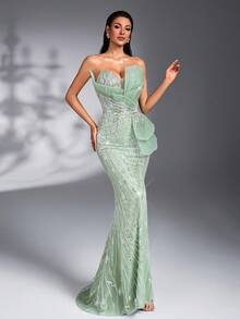 IBTRLY High-End Elegant Luxury Beaded & Sequin Fabric Dress, Handmade Positioned 3D Design, Beaded Embellishment, High Slit To Thigh Fall Wedding Party - Green - View 8