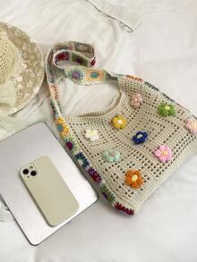 Korean Loose Knit Tote Bag, Casual Minimalist Versatile Shoulder Bag, New Summer Fashion - Beige - View 9