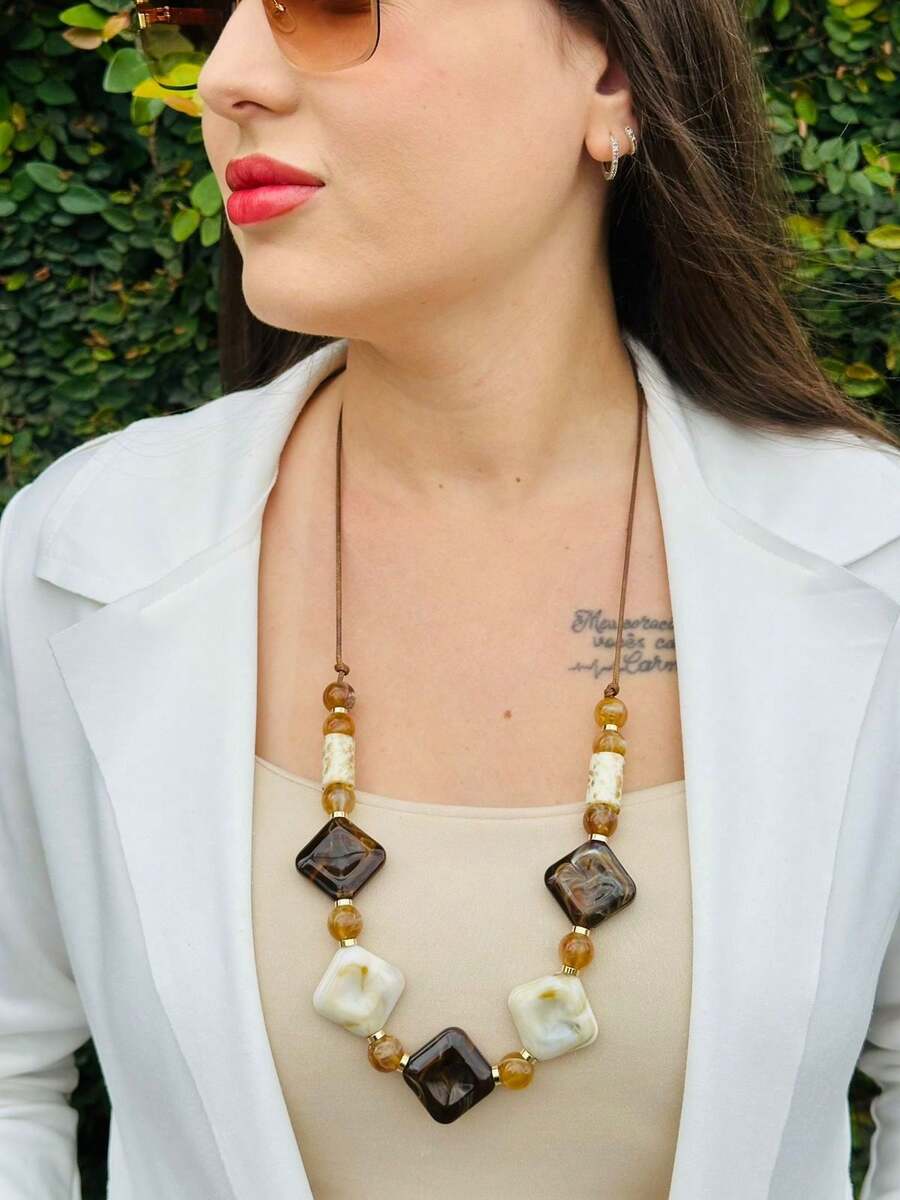 Adjustable Maxi Necklace, Brown Cord With Caramel Resins And Timeless Earth Tones - 咖啡 - 查看 1