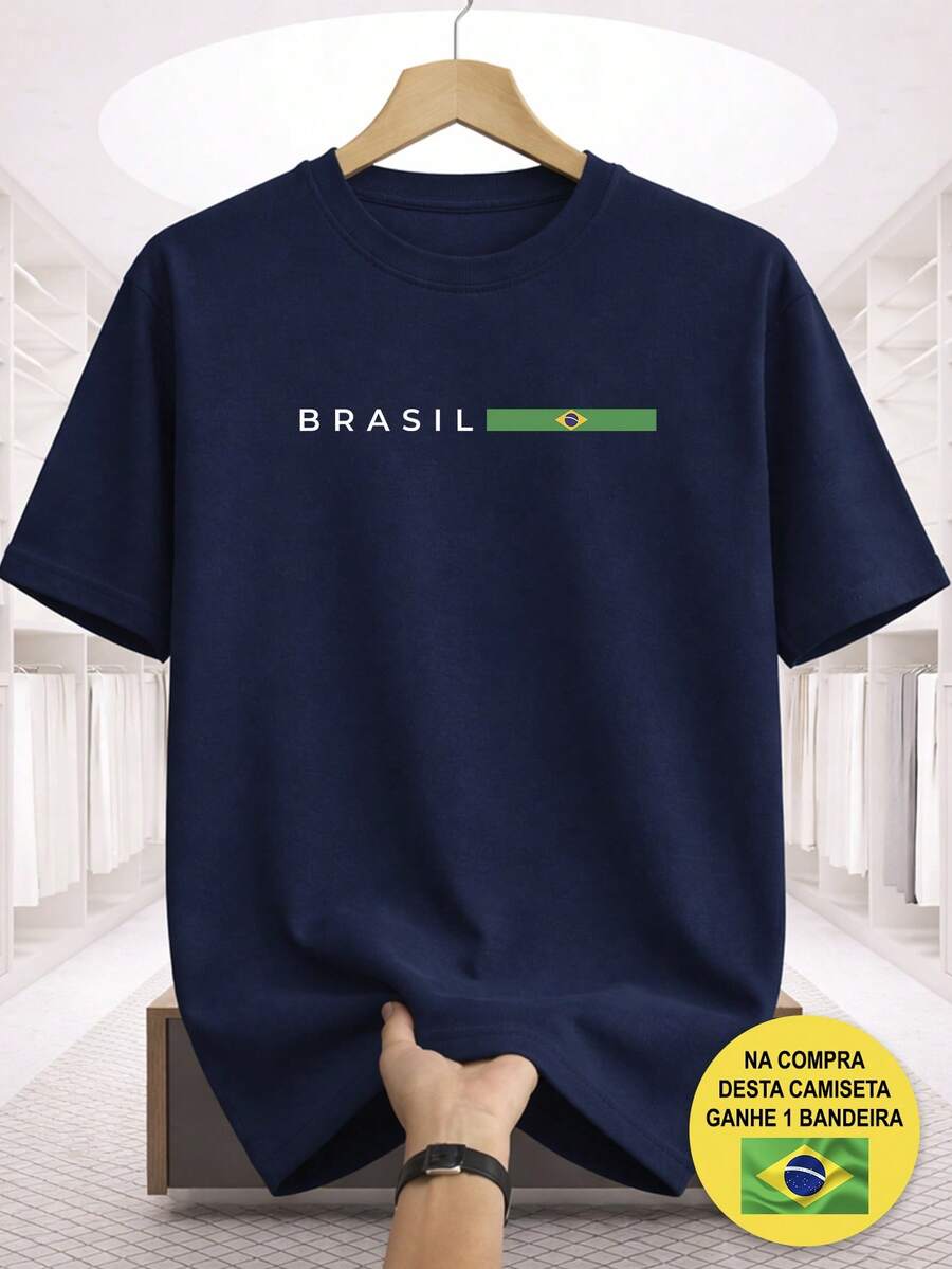 T-Shirt With Brazil Print, 100% Cotton, Casual, Comfortable, Supporting The Brazilian National Team, World Cup Hexa + Free Brazilian Flag - 藏蓝色 - 查看 1