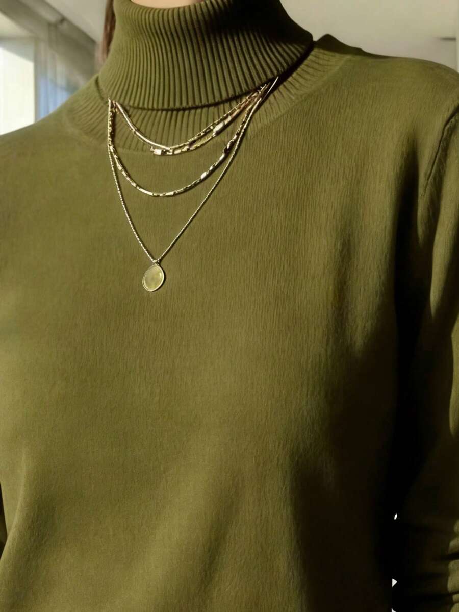 WOMEN'S LONG SLEEVE KNITTING BLOUSE WINTER BASIC HIGH NECK SWEATSHIRT - xanh quân đội - Xem 1