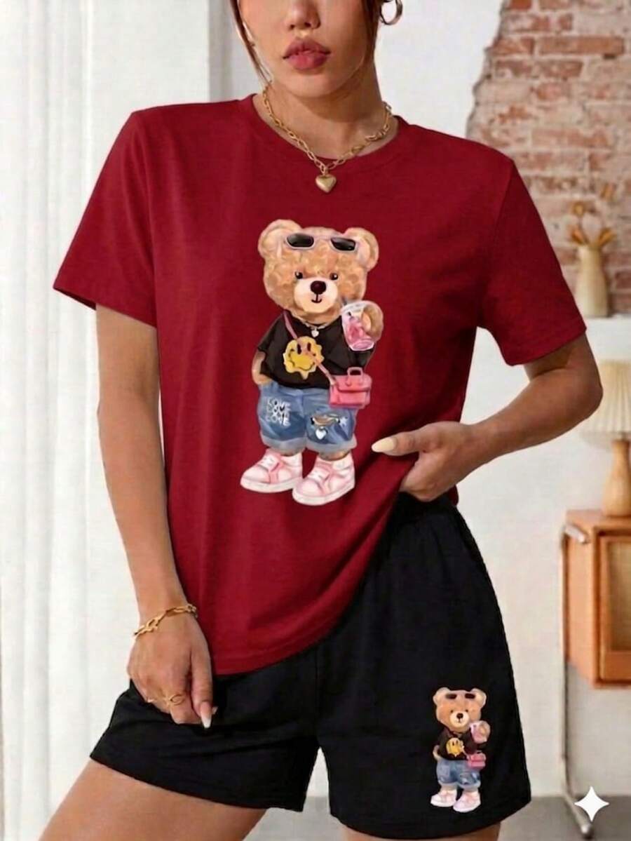 Conjunto de short y playera cuello redondo,con estampado - Rojo - Ver 1